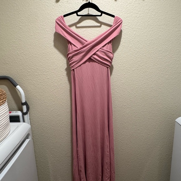 OGL Flowy Criss Cross Off-shoulder Midi Brami Dress ~ Rose Mauve - Picture 4 of 9